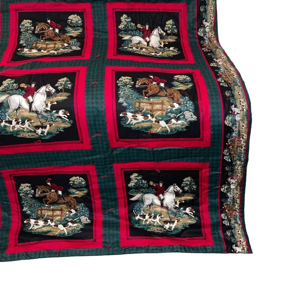 Handmade Vintage 70's Equestrian Horse Rider Beagle Hunting Pocket Quilt 70 X 43